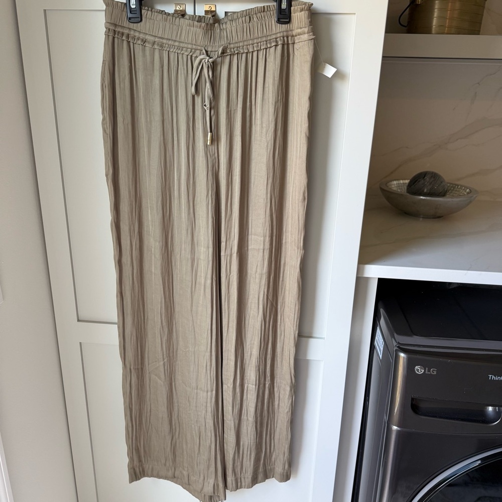 NWT CHRISTIAN LACROIX Womens Satin Wide Leg Olive Green Pants Sz L Whimsigoth